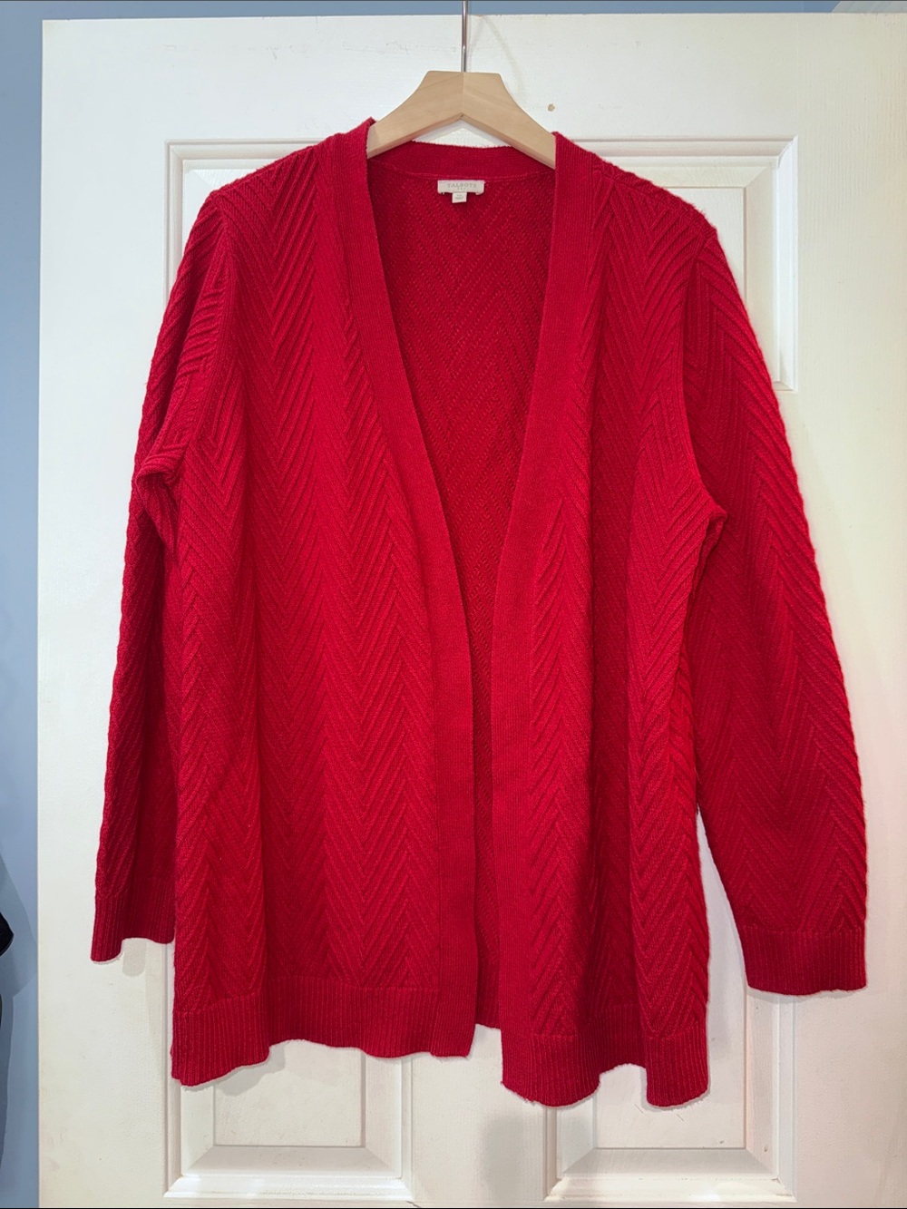 Talbots Red Open-Front Chevron Knit Cardigan